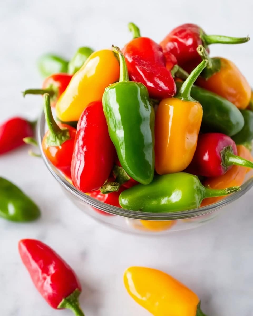 A white bowl is filled with small peppers of three colors: bright red, green, and yellow. The peppers have smooth, shiny skin and are piled up, some standing vertically, some lying down, with their green stems pointing in different directions. Outside the bowl, a few peppers lie on a white marbled surface, creating a colorful contrast. The peppers look fresh and vibrant. Photo taken with an iphone --ar 4:5 --v 7