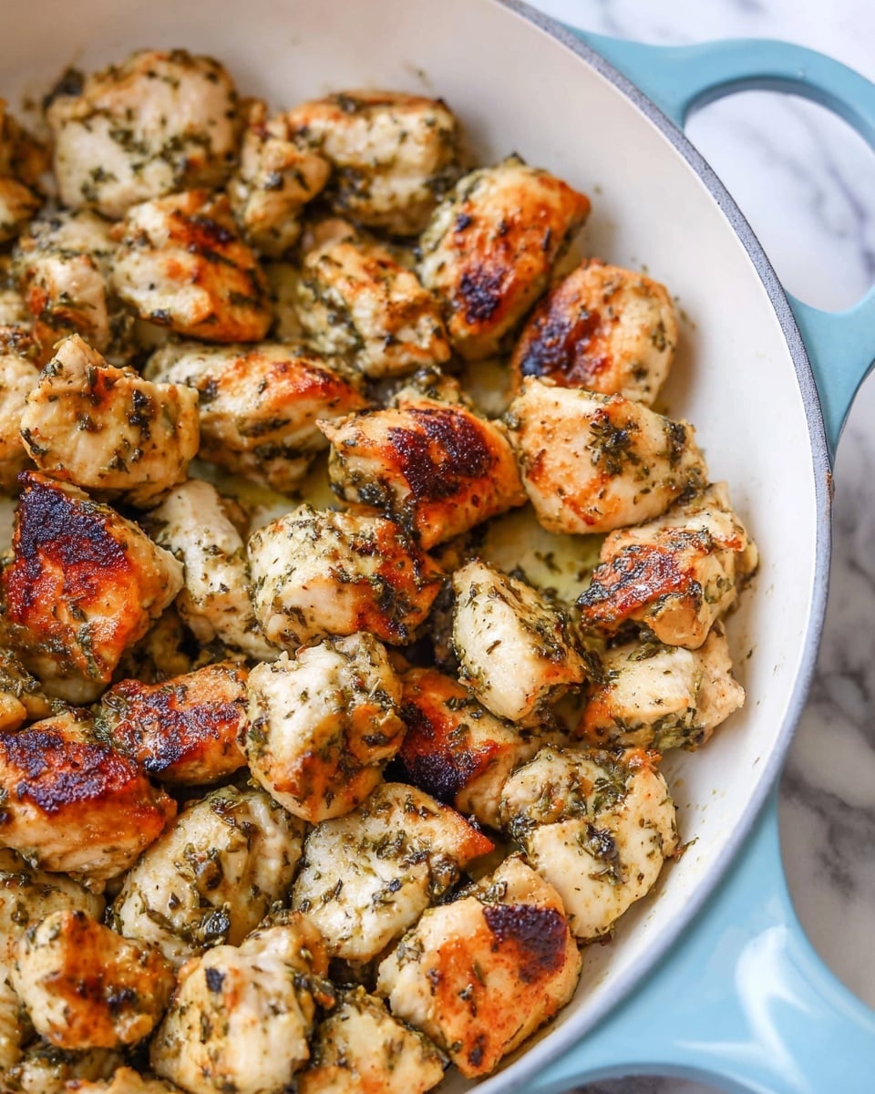 The image shows many small pieces of cooked chicken with a golden brown and slightly charred surface, covered in green herbs and spices, all placed inside a white pan with a light blue handle. Each chicken piece has a textured surface that looks crispy in parts with visible herb specks. The pan sits on a white marbled textured surface, and the chicken fills the pan evenly, showing a close-up view of the food. Photo taken with an iphone --ar 4:5 --v 7