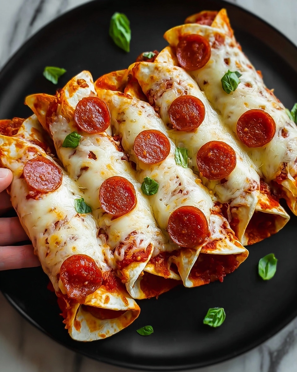 The image shows five rolled tortillas, each filled with a red tomato-based sauce and possibly ground meat inside, arranged closely on a black plate. Each roll is topped with melted white cheese that has golden brown spots and is slightly stretchy. On top of the cheese are several small, round, reddish-brown pepperoni slices, evenly spaced across the tops. Small green basil leaves are scattered over the cheese and around the plate, adding a touch of color. The black plate sits on a white marbled surface, and a woman's hand is seen gently holding one of the rolls from the left side. photo taken with an iphone --ar 4:5 --v 7