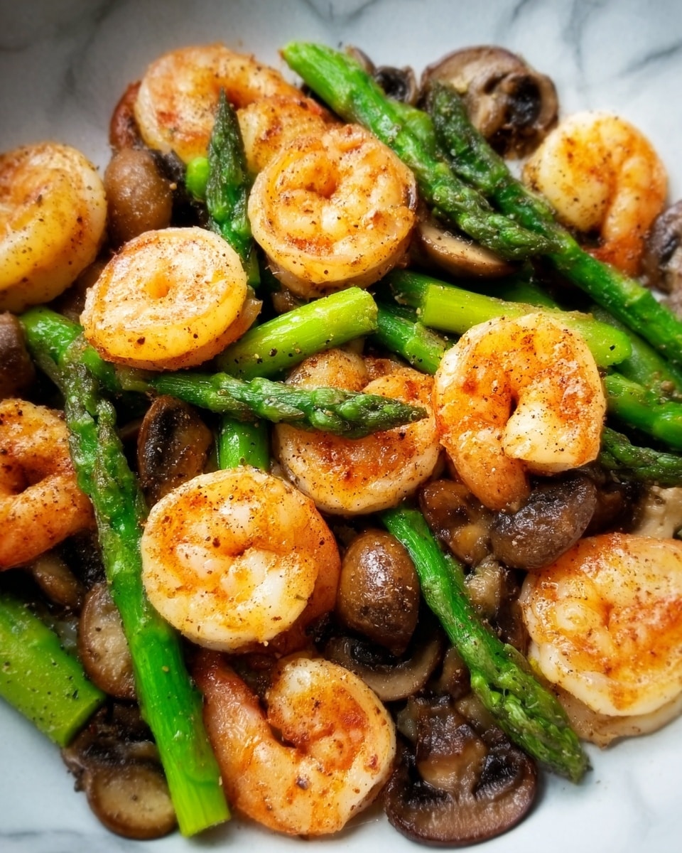 The image shows a white plate filled with a colorful dish of cooked shrimp, green asparagus, and brown mushrooms. The shrimp are arranged evenly, showcasing their orange-pink color and slight char marks. The green asparagus spears are placed around and between the shrimp, adding a fresh, vibrant contrast. Brown mushrooms are scattered throughout, with a soft texture and golden-brown edges. The background is a white marbled surface. photo taken with an iphone --ar 4:5 --v 7
