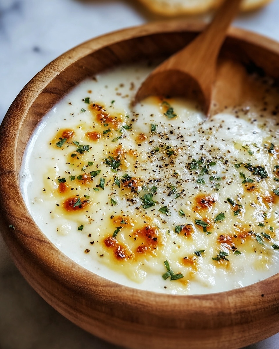 A close-up view of a bowl filled with a creamy white soup topped with melted cheese that has golden-brown spots from being grilled or toasted. The surface is sprinkled with coarse black pepper and green herbs, adding texture and color. A wooden spoon rests inside the bowl, with its handle angled outward. The bowl has a soft wooden texture and sits on a white marbled surface. Photo taken with an iphone --ar 4:5 --v 7