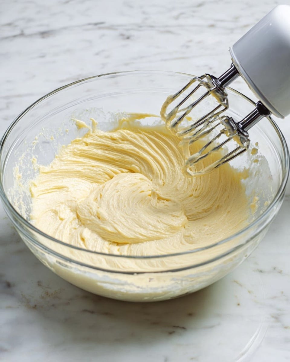 A clear glass bowl filled with thick, creamy, pale yellow batter sits on a white marbled surface. Two metal beaters from a white electric mixer are partially submerged in the batter, showing smooth, swirled textures where the batter has been mixed. The batter's surface has soft peaks and gentle waves, with some batter lightly splattered on the sides of the bowl. The mixer is angled from the right side of the image, adding a sense of action to the scene. photo taken with an iphone --ar 4:5 --v 7