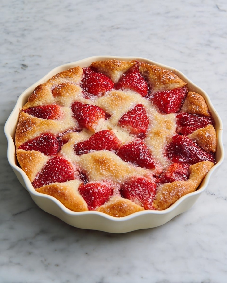 A round strawberry cobbler in a white dish with a scalloped edge, showing one layer of golden brown crust with a slightly rough texture that covers a layer of whole, bright red strawberries peeking through in a circular pattern around the edge and in the center; the cobbler has a soft, slightly uneven surface that is golden and light tan with some sugar crystals sparkling on top. The dish is set on a white marbled surface. photo taken with an iphone --ar 4:5 --v 7