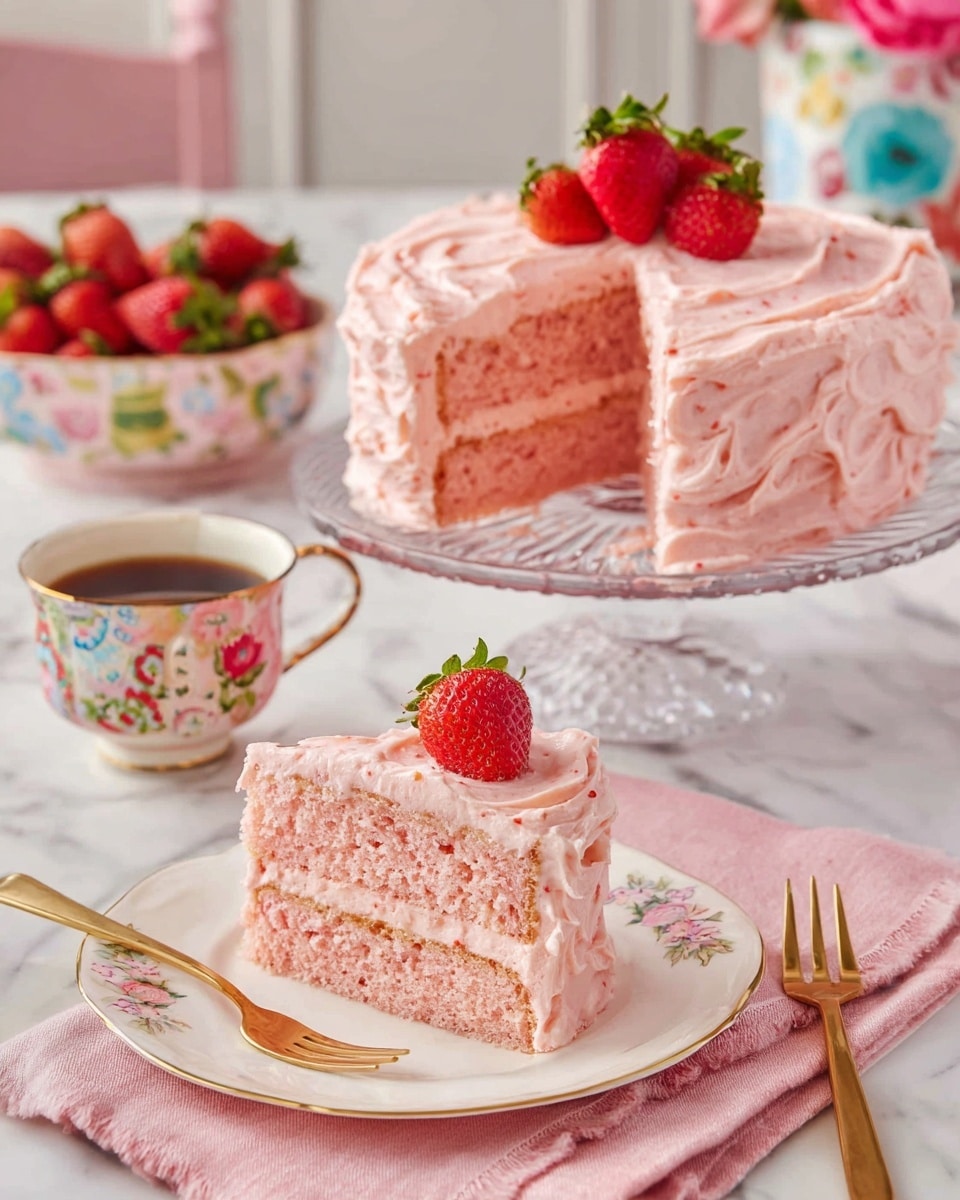 Strawberry Layer Cake with Cream Cheese Frosting Recipe 5 A pink, two-layer cake with thick, swirled frosting covers the whole cake, sitting on a clear glass cake stand. The frosting has a creamy, slightly textured look with visible bits of strawberry. Three fresh strawberries rest on top of the cake. A single slice is placed on a white plate with small floral designs and gold edges, showing two layers of soft pink cake separated by a layer of the same pink frosting. A fresh strawberry sits on top of the slice. The setting includes a gold fork on a pink cloth, a cup of coffee in a white cup with colorful flowers, and a bowl of fresh strawberries, all arranged on a white marbled surface. photo taken with an iphone --ar 4:5 --v 7