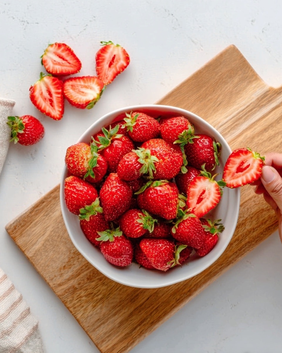 A white bowl filled with many fresh, bright red strawberries with green leafy tops. Next to the bowl on the left is a light brown wooden cutting board sitting on a white marbled surface. On the board, several strawberries are sliced into halves, showing their red inside with small yellow seeds. A woman's hand is holding one strawberry half. The photo has soft natural light. photo taken with an iphone --ar 4:5 --v 7