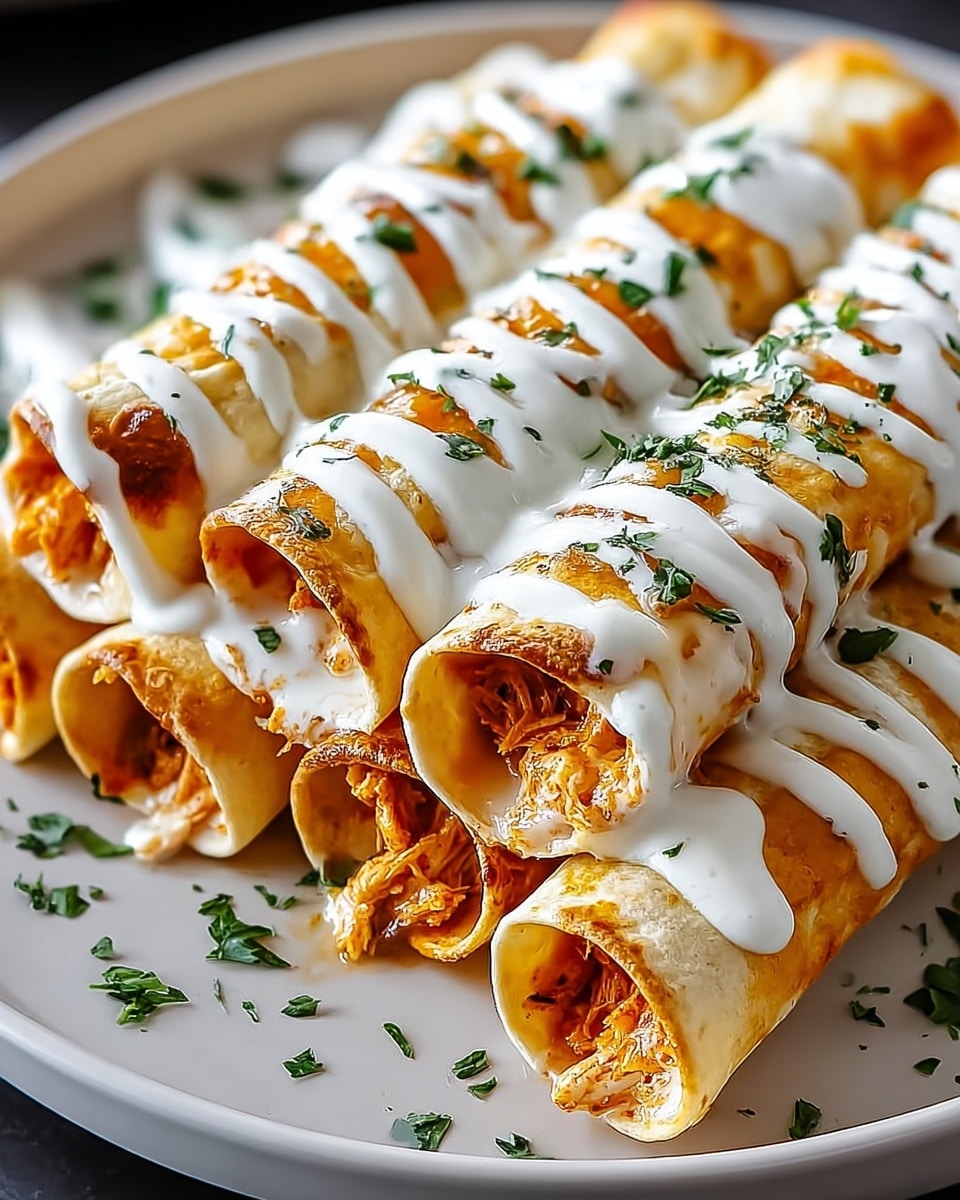 The dish shows six rolled tortillas filled with a light orange chicken and cheese mix, stacked closely on a white plate. Each tortilla roll is soft with a slightly browned outside, topped with smooth white cream sauce drizzled in lines over the rolls and scattered small green herbs sprinkled across the sauce. The plate sits on a white marbled surface, and the photo is focused closely on the front rolls, making the filling and the sauce texture clear. photo taken with an iphone --ar 4:5 --v 7