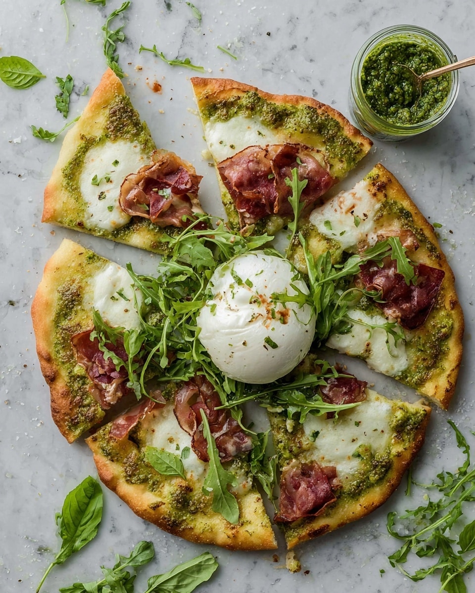 The image shows a pizza sliced into eight pieces on a white marbled surface. The pizza has a golden brown crust with a layer of green pesto spread evenly on top. Thin slices of reddish cured meat are scattered over the pesto. In the center, there is a large round piece of soft white cheese with creamy texture, partially broken to show its fluffiness inside. Green arugula leaves and fresh basil leaves are spread on top, adding a fresh touch. A small glass jar with extra green pesto is nearby, along with scattered basil and arugula leaves around the pizza. Photo taken with an iphone --ar 4:5 --v 7