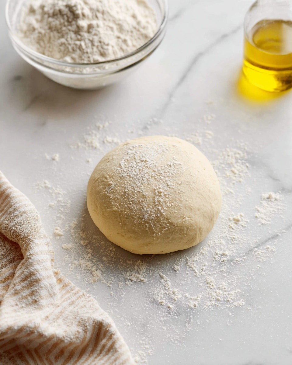 A smooth, round ball of dough with a light dusting of flour on top sits on a white marbled surface sprinkled with more flour. To the upper left, there is a clear glass bowl filled with flour, and to the upper right, a glass container with golden olive oil. A beige and white striped cloth is partially visible in the bottom left corner. The overall scene feels soft and clean, showing the beginning of dough preparation. photo taken with an iphone --ar 4:5 --v 7