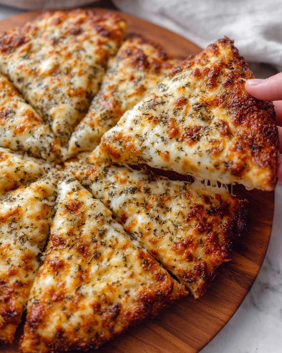 A close-up view of a whole pizza cut into eight slices, placed on a wooden board over a white marbled surface. The pizza has a thick golden-brown crust with a slightly crispy texture. The top layer is covered with melted cheese that is bubbly and browned in spots, sprinkled evenly with dried herbs giving a speckled green color. A woman's hand is holding one slice from the front left, showing the cheese stretching gently. The overall color is warm with golden yellows, light browns, and specks of green herbs. photo taken with an iphone --ar 4:5 --v 7