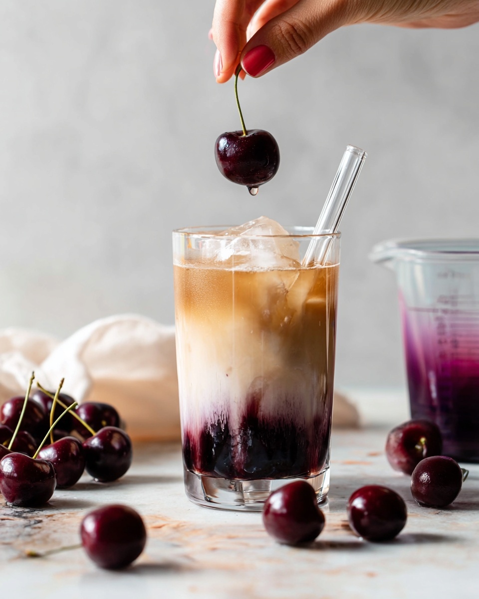 The image shows a glass with three layers of a drink. The bottom layer is dark purple with a syrupy look, the middle layer is light creamy white, and the top layer is light brown with ice cubes floating inside. A clear glass straw leans inside the glass on the right side. Around the glass are several dark red cherries, some close and one lying far in the front. A tipped white glass is seen on the left with cherries near it, and a clear measuring cup with purple liquid stands on the right behind the glass. A woman's hand is holding a dark red cherry above the drink, all set on a white marbled surface. photo taken with an iphone --ar 4:5 --v 7
