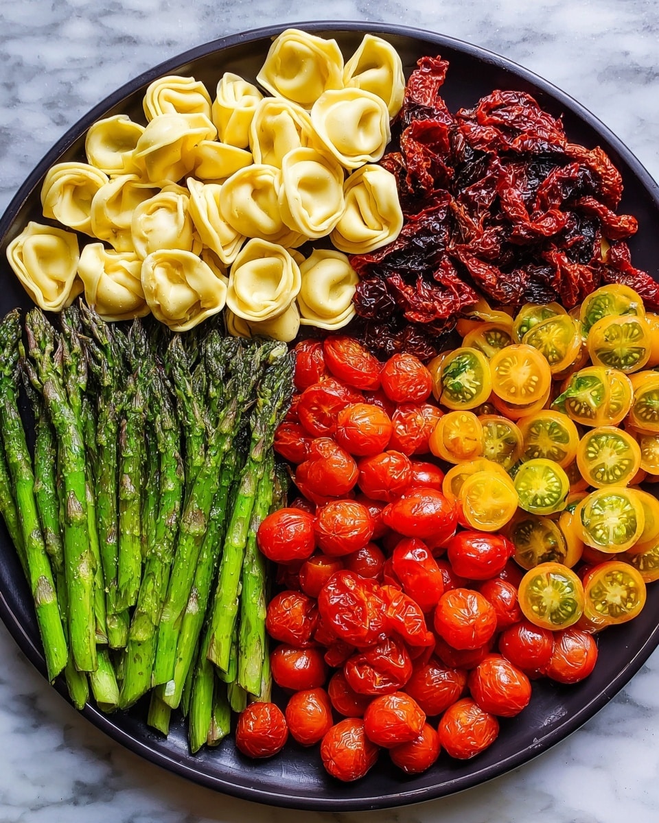 A round black platter is filled with five sections of fresh ingredients placed side by side without overlapping. Starting from the left, there is a pile of pale yellow tortellini with a smooth texture. Next to it, dark red sun-dried tomatoes with a wrinkled texture form a dense layer. Moving to the right, bright yellow cherry tomatoes, sliced in half to show their juicy, soft inside, are packed closely. Below that, there are whole green asparagus stalks with a firm, fresh look arranged neatly in a row. Finally, bright red cherry tomatoes, also cut in half, show their moist seeds and soft interior. The platter sits on a white marbled surface. photo taken with an iphone --ar 4:5 --v 7
