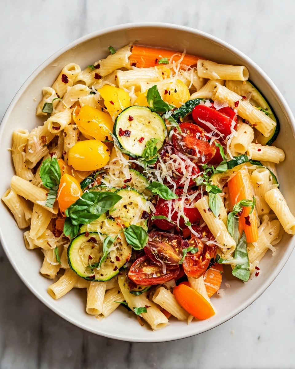 The dish is presented in a white bowl filled with three layers of food elements: the base layer consists of short, tube-shaped pasta with a smooth beige color; the middle layer has bright vegetables including shiny red cherry tomato halves, yellow and green grilled zucchini slices with a slightly charred texture, and thin orange carrot strips; the top layer is sprinkled with small, fresh green basil leaves, fine white grated cheese, and tiny red chili flakes scattered evenly throughout. The bowl sits on a white marbled surface. Photo taken with an iphone --ar 4:5 --v 7