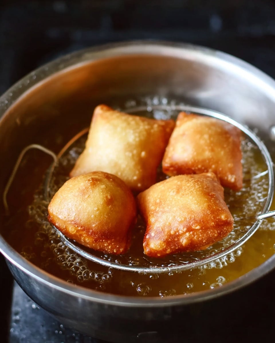 Four golden brown fried pillows with a slightly crispy and shiny surface sit on a metal skimmer above hot oil in a silver pot. The fried pillows have small bubbles and light browning spots, showing a crunchy texture. The pot is round and shiny metallic, with oil bubbling inside. The background is blurry and dark, emphasizing the hot cooking moment. photo taken with an iphone --ar 4:5 --v 7