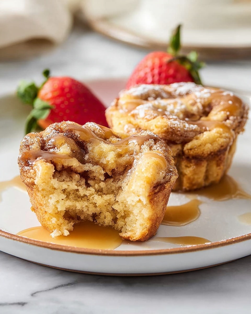 Two small cinnamon swirl muffins sit side by side on a white plate with a light brown rim, placed on a white marbled surface. The muffin in front is bitten into, showing soft, fluffy layers with visible cinnamon streaks inside. It is drizzled with a light caramel-like syrup and lightly dusted with powdered sugar. The second muffin is whole, showing a slightly golden, textured top. Behind the muffins, there are two fresh, red strawberries with green tops adding a splash of color. The background is softly blurred with a white and cream color palette. photo taken with an iphone --ar 4:5 --v 7