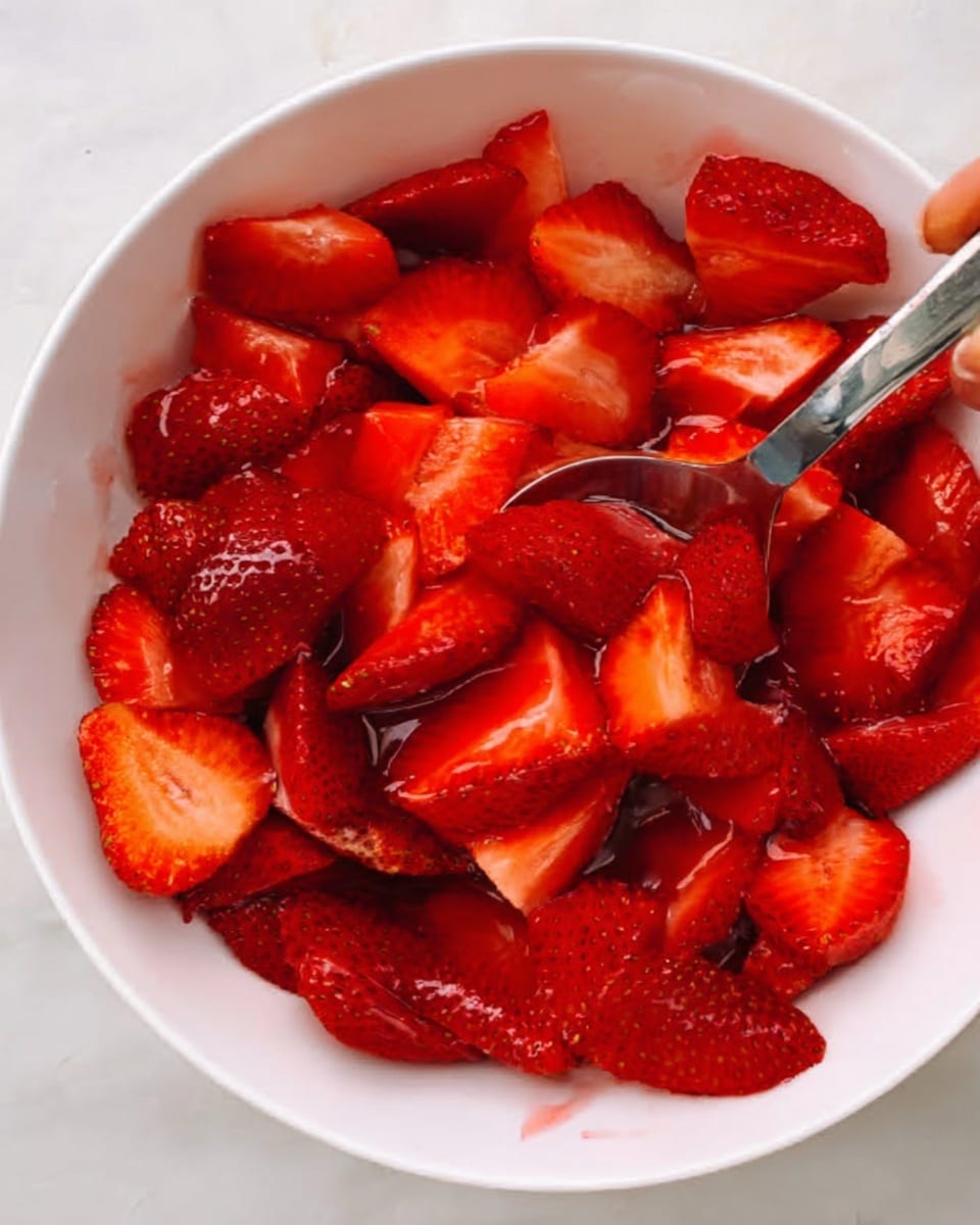 The image shows a white bowl filled with many bright red strawberry pieces. The strawberries are sliced in different sizes, some halved and some smaller, showing their soft, juicy texture. A shiny silver spoon rests inside the bowl, partly buried in the strawberries, with a woman's hand holding the spoon, ready to scoop some. The bowl sits on a white marbled surface. The light reflects off the strawberries making them look fresh and ripe. Photo taken with an iphone --ar 4:5 --v 7