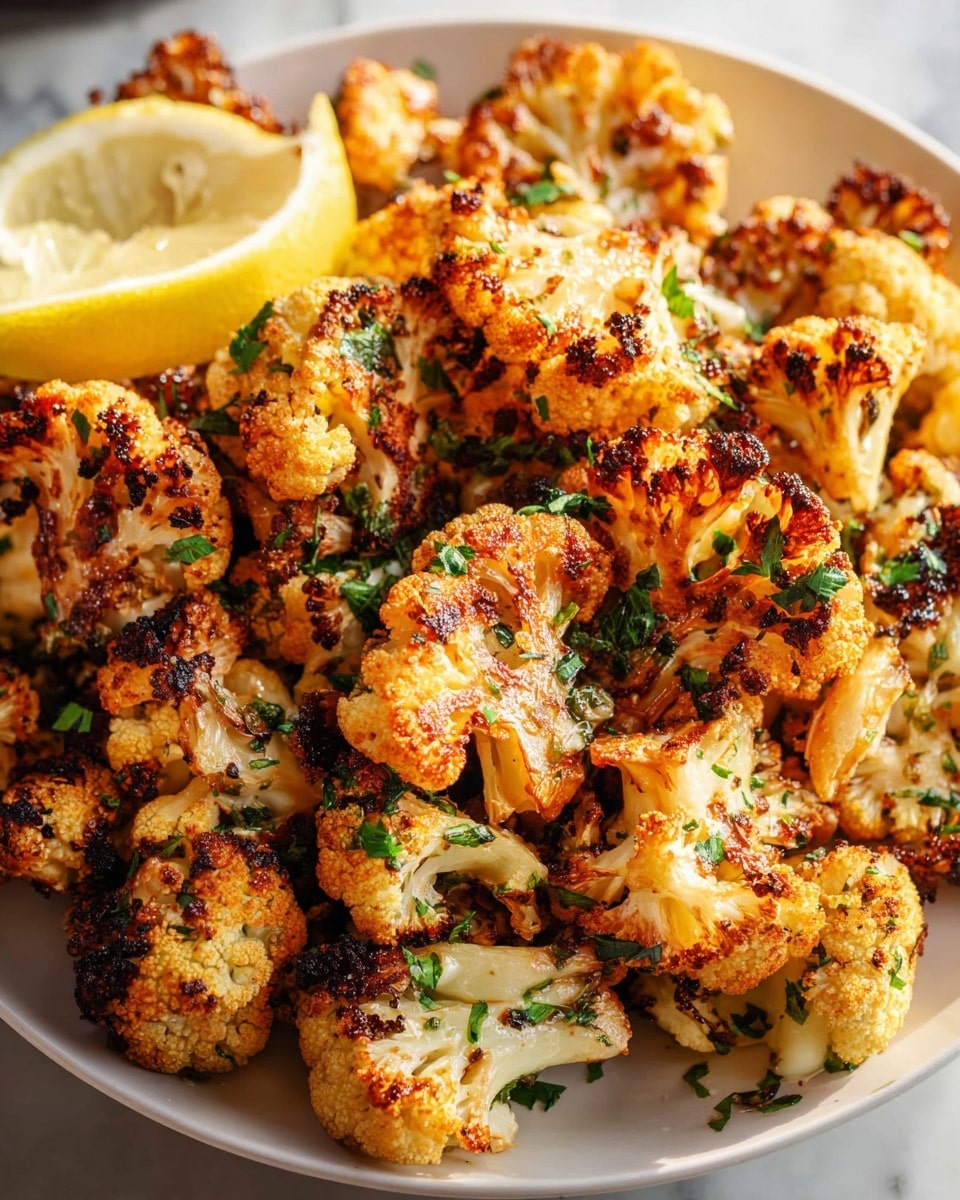 A white plate holds a large pile of roasted cauliflower florets, each piece showing a golden-brown, slightly charred surface with a mix of light orange and creamy white colors. The cauliflower is sprinkled with small green herb pieces across the top, adding a fresh look. A wedge of lemon with bright yellow skin and pale inner flesh rests on the upper side of the plate, partially visible. The plate sits on a white marbled surface, and the close-up focus highlights the crispy, textured edges of the cauliflower. photo taken with an iphone --ar 4:5 --v 7