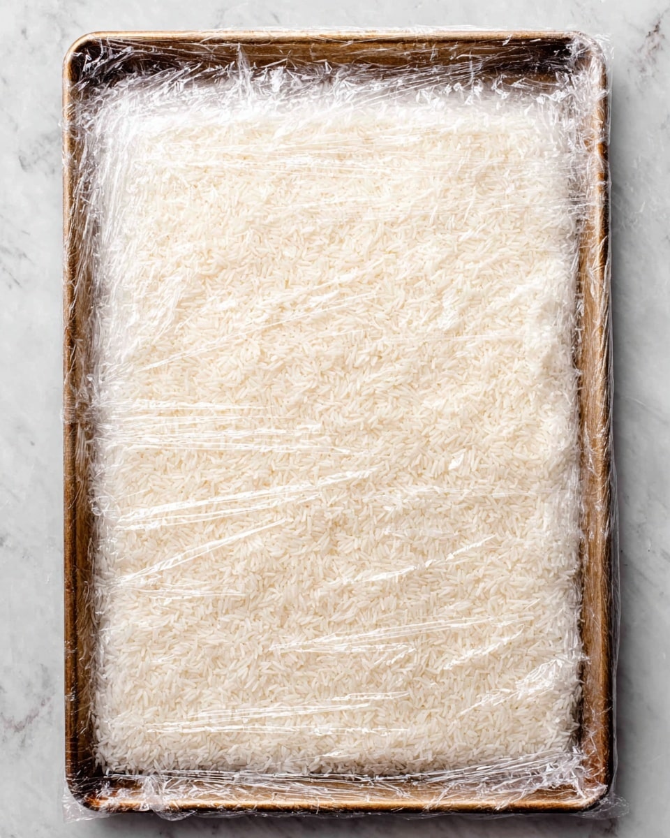 The image shows a single layer of white rice spread evenly on a rectangular metal baking sheet. The rice has a slightly sticky texture with some grains clumped together. The baking sheet is covered with transparent plastic wrap tightly pressed over the rice. The entire setup rests on a white marbled surface. photo taken with an iphone --ar 4:5 --v 7