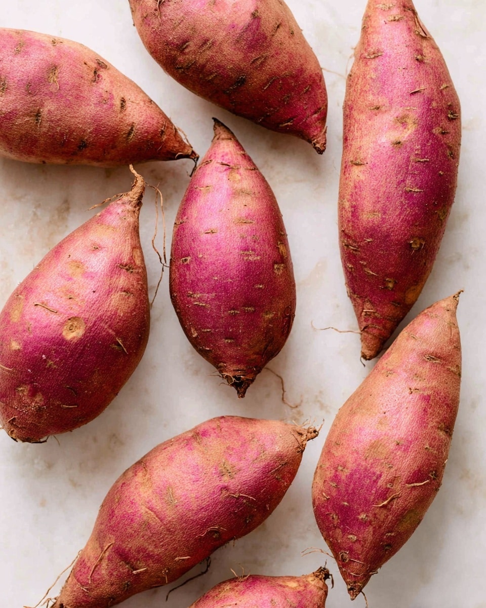 The image shows a close-up of eight whole sweet potatoes spread out on a white marbled surface. Each sweet potato has a rough, reddish-purple skin with small brown spots and some root fibers sticking out. The shapes vary, some are more elongated and pointy at one end, while others are more rounded. The texture of the skin looks slightly dry and natural, with visible lines and small imperfections. The lighting highlights the earthy texture and natural color of the sweet potatoes, giving a fresh, raw look. photo taken with an iphone --ar 4:5 --v 7