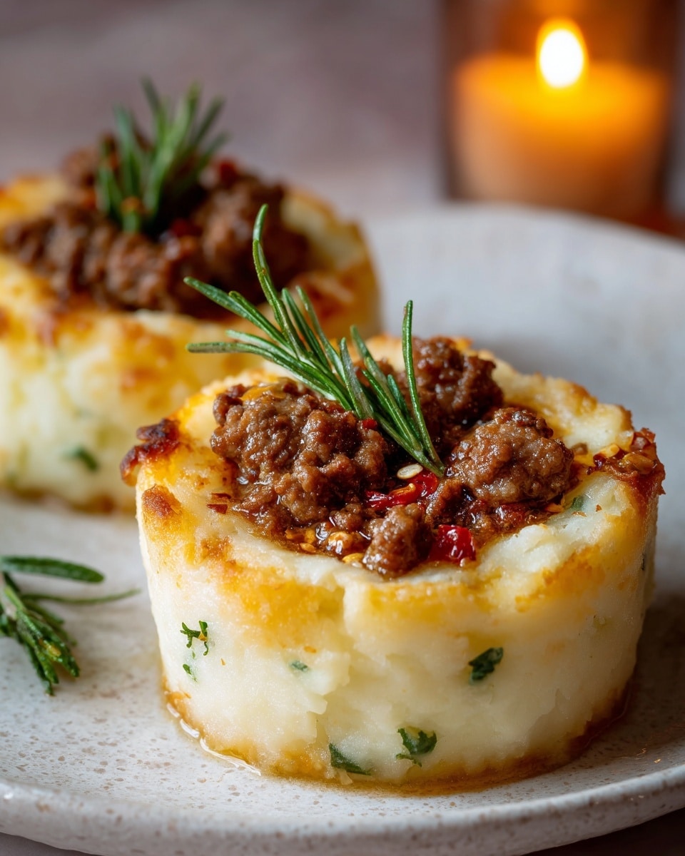 Two round molded servings sit on a white marbled textured plate. Each has a base layer of creamy mashed potatoes mixed with green herbs, showing a soft and slightly textured surface with a golden-brown crust on the edges. The top layer is a portion of cooked ground meat, browned and crumbly, filling the hollow center of the mashed potato ring. Small red pepper flakes are sprinkled over the meat, and a few fresh green rosemary sprigs rest on top as garnish. The warm, cozy background softly blurs with candlelight, highlighting the dish. Photo taken with an iphone --ar 4:5 --v 7
