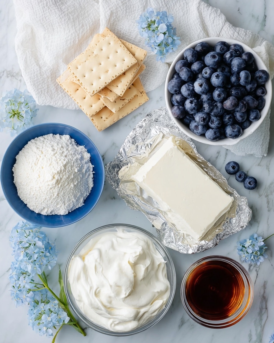 The image shows an overhead view of ingredients laid out on a white marbled texture. There are six main items: in the top left is a white cloth, next to it are three white rectangular crackers, below that is a blue bowl filled with white powder, to the left is a blue bowl full of fresh blueberries, to the right is an opened foil package with a white soft block, below the block is a glass bowl with thick white cream, and below that is a smaller glass bowl also filled with white cream. Near the smaller glass bowl is a small glass cup filled with brown liquid, possibly vanilla extract, and a few light blue and white flowers are scattered around. Photo taken with an iphone --ar 4:5 --v 7