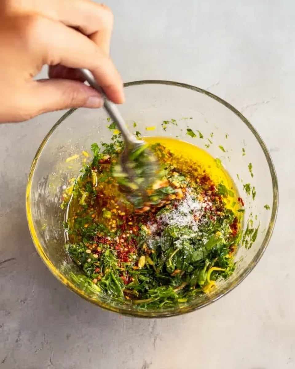 A clear glass bowl is held by a woman's hand on the left while another woman's hand is stirring its contents with a fork. Inside the bowl, there are layers of bright green chopped herbs, a yellow oily liquid at the base, red bits that look like seasoning, and a sprinkle of white granules on top. The ingredients are being mixed together, creating a combination of colors and textures with a motion blur showing the stirring action. The background is a white marbled texture photo taken with an iphone --ar 4:5 --v 7