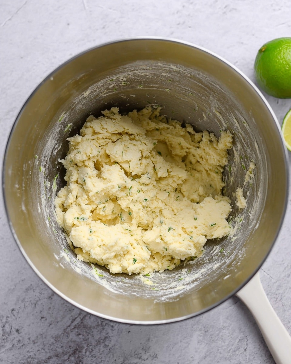 A silver metal mixing bowl holds a pale yellow, crumbly dough with small green herb bits scattered inside, the dough resting loosely in the center. The bowl sits on a white marbled surface. To the right side of the bowl, part of a green lime cut in half and a white spatula handle are visible, blending softly into the background. The texture of the dough looks soft yet rough, with small clumps evident. Photo taken with an iphone --ar 4:5 --v 7