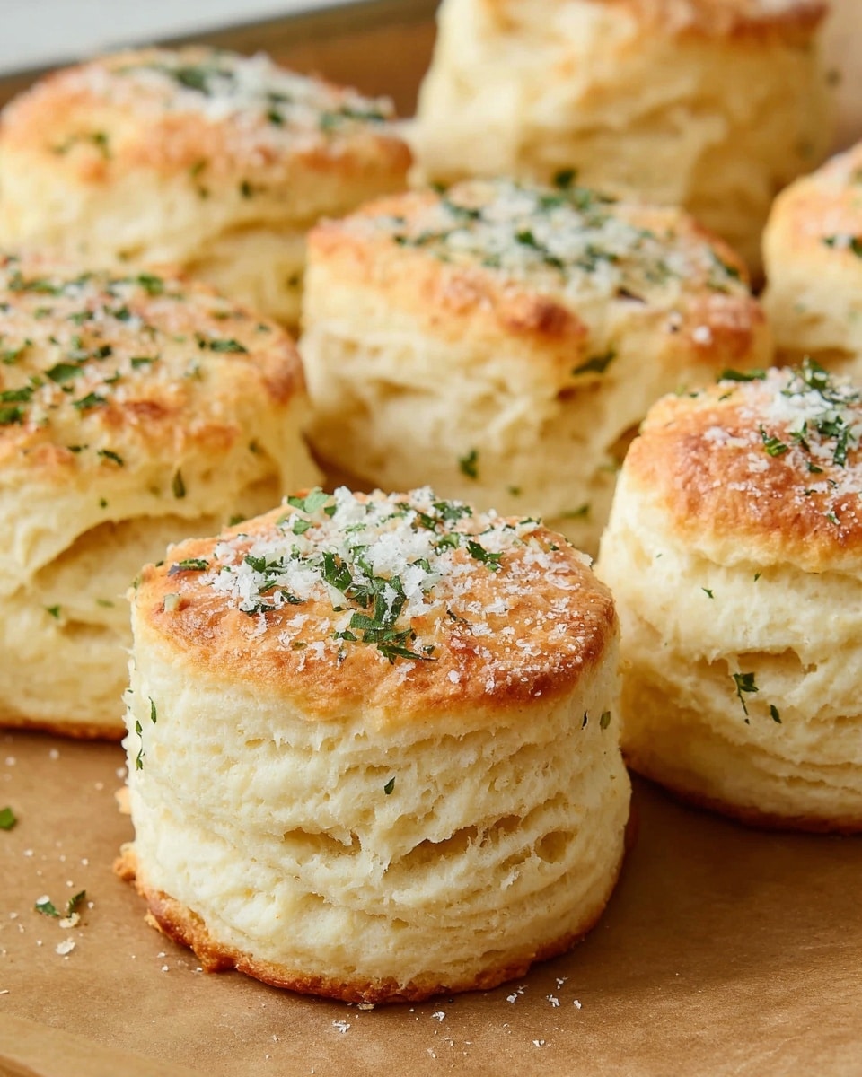 The image shows soft, round biscuits with about three to four visible layers. Each biscuit has a light golden-brown top sprinkled with small green herbs and grated white cheese, adding texture and color contrast. The biscuit layers are thick, fluffy, and pale cream-colored, with slight air pockets showing a light and airy inside. The biscuits sit closely together on a sheet with a warm, neutral brown base that resembles baking paper. Photo taken with an iphone --ar 4:5 --v 7