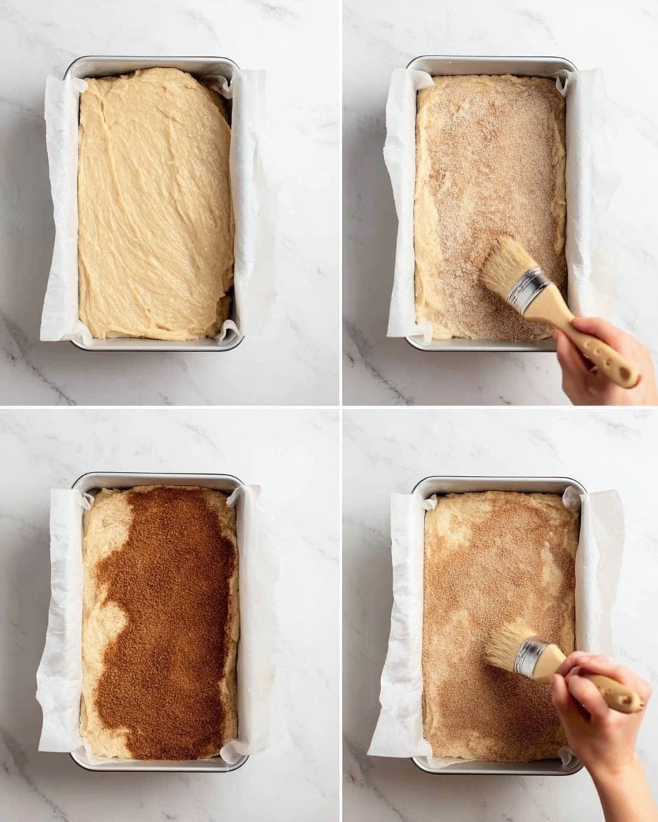 The image shows four steps of preparing a baked dish in a white rectangular baking pan lined with parchment paper on a white marbled surface. The first panel has a thick pale beige dough layer spread evenly. The second panel shows a fine brown cinnamon sugar layer spread over the dough. The third panel reveals the same pale beige dough spread again on top of the cinnamon sugar layer. The fourth panel contains a woman's hand holding a brush to spread cinnamon sugar on the top dough layer evenly. Photo taken with an iphone --ar 4:5 --v 7