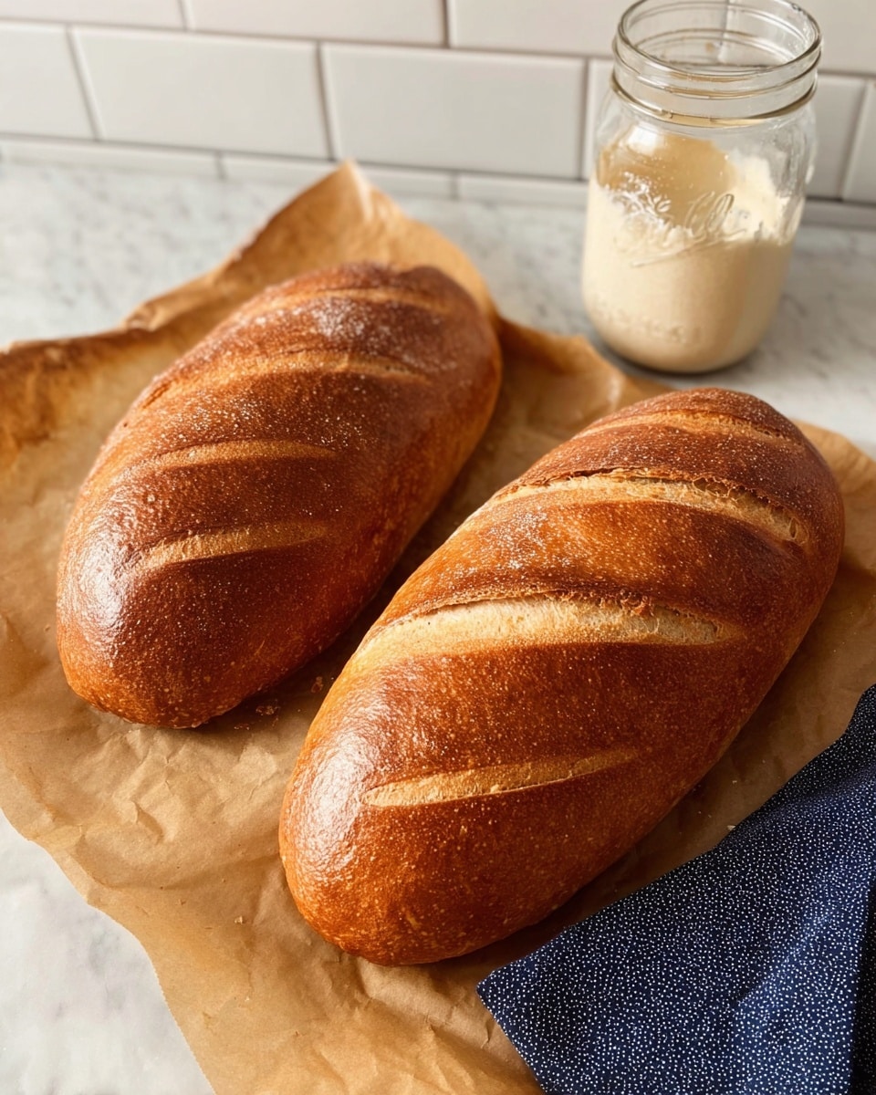 Two freshly baked oval-shaped loaves of bread with a shiny golden-brown crust sit side by side on a sheet of light brown parchment paper. Each loaf has three diagonal slashes on top, showing a lighter, textured inner dough beneath the crust. Behind the loaves is a clear glass jar filled with an off-white batter or dough and a dark blue cloth with small white dots rests nearby. The setting is on a white marbled surface with white subway tiles in the background. Photo taken with an iphone --ar 4:5 --v 7