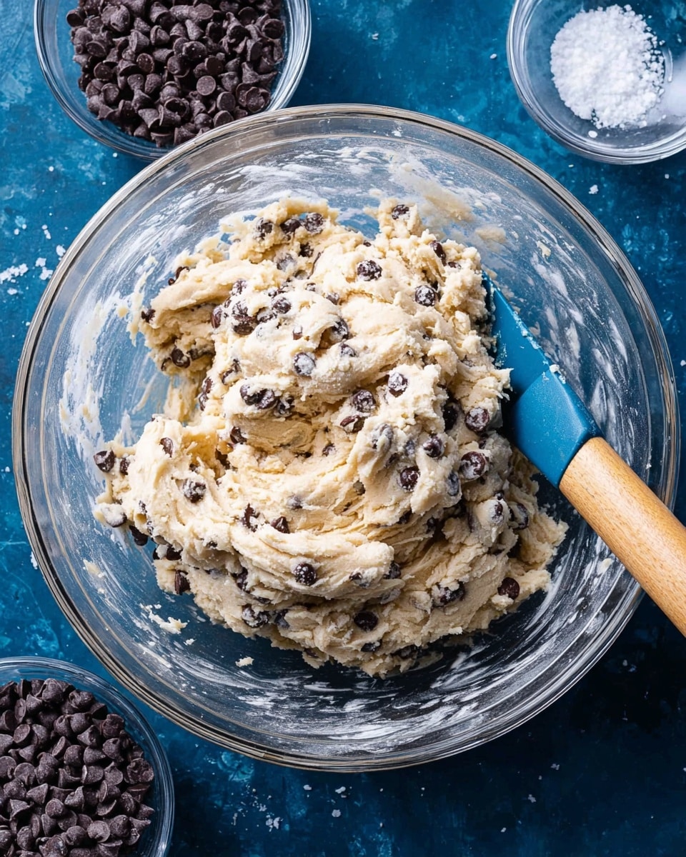 A clear glass bowl holds thick, creamy cookie dough mixed with many small, dark brown chocolate chips. The dough is light beige with a rough, slightly lumpy texture, and it sits mostly in the middle of the bowl with some dough spread near the edges. A blue spatula with a wooden handle rests inside the bowl, partially covered by the dough near the top right. Around the bowl, there are two small clear bowls on a white marbled surface—one filled with dark chocolate chips and the other with coarse white salt. The background is a deep blue color. photo taken with an iphone --ar 4:5 --v 7