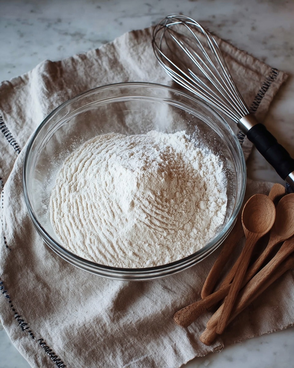 A clear glass bowl filled with a layer of white flour that has textured ridges on the surface, placed on a soft beige cloth with visible folds and dark stitching. Beside the bowl, on a wooden table, there is a black-handled metal whisk and a set of four wooden measuring spoons stacked together. The whole scene is set on a white marbled surface with soft, natural lighting. photo taken with an iphone --ar 4:5 --v 7