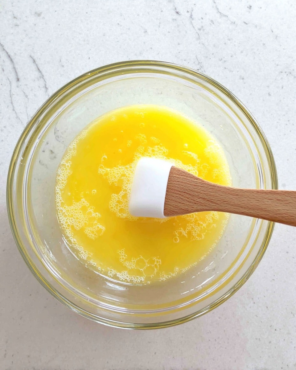 A clear glass bowl holds a single layer of bright yellow melted butter with small white bubbles on the surface. A wooden spatula with a white silicone head is partially set inside the bowl, touching the melted butter. The bowl sits on a white marbled surface, giving a clean and simple look. photo taken with an iphone --ar 4:5 --v 7