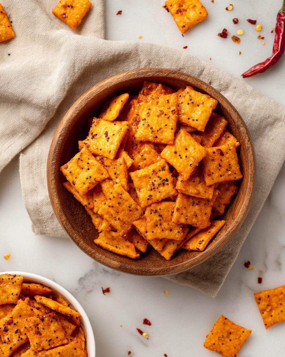 A wooden bowl filled with bright orange square crackers that have dark seasoning spots scattered on them, placed on a beige cloth on top of a white marbled surface. Around the bowl, some crackers are spread out on the surface, along with small red chili flakes scattered nearby. In the lower left corner, a white bowl is partially visible, also filled with the same orange crackers. photo taken with an iphone --ar 4:5 --v 7