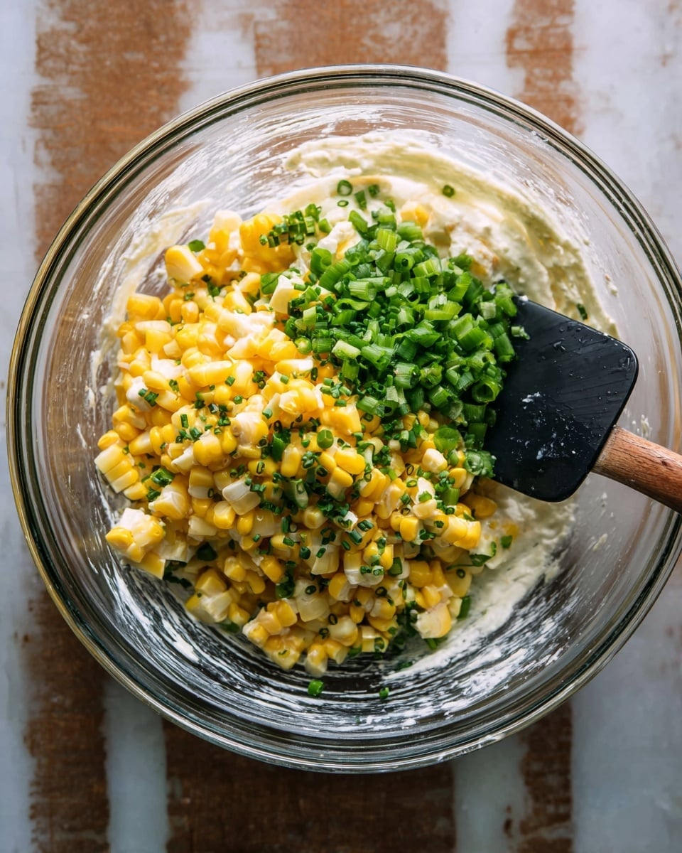 A clear glass bowl sits on a white marbled surface, filled with layers of ingredients for a dish. The bottom layer is a creamy white mixture, mostly smooth with some texture visible. On top, there are cut yellow and white corn pieces arranged in a loose pile. Bright green chopped bell peppers cover part of the corn, along with finely sliced green chives sprinkled over the ingredients. A black spatula with a wooden handle rests in the bowl on the right side. The overall feel is fresh with bright yellow and green colors contrasting with the creamy white base and the clear bowl. photo taken with an iphone --ar 4:5 --v 7