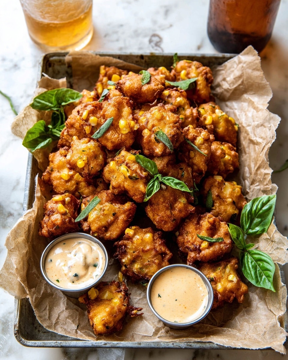 A metal tray lined with brown parchment paper holds a piled heap of small, golden-brown fried fritters that have visible corn kernels and herbs baked into the crispy texture. Two small silver cups near the bottom edge of the tray carry creamy dipping sauces—one a light tan color, the other a white sauce with tiny green herb specks. Fresh green basil leaves are scattered among the fritters for garnish. In the background, a glass with a light amber drink sits next to a brown bottle on a white marbled surface. Photo taken with an iphone --ar 4:5 --v 7