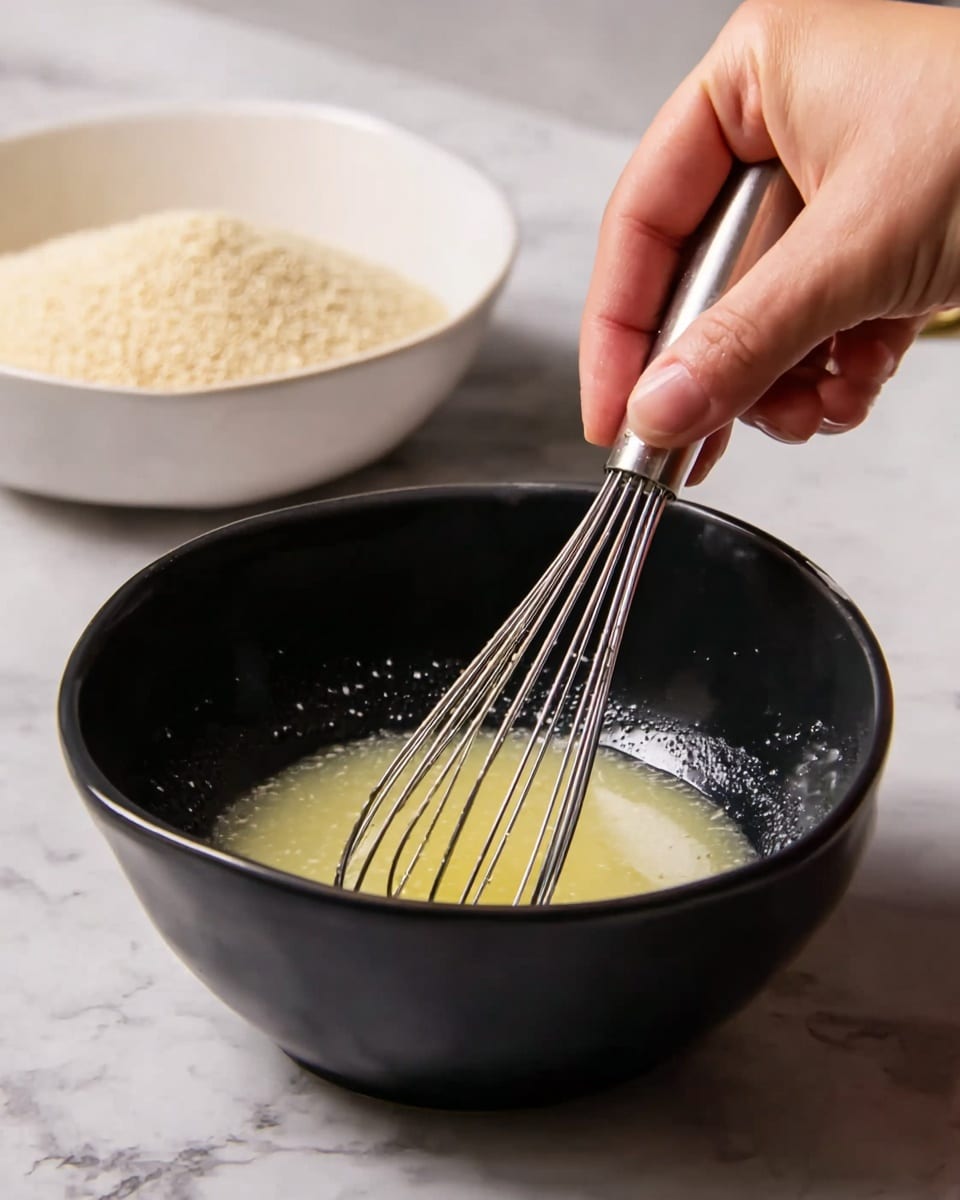 A woman's hand is holding a small metal whisk inside a black bowl, mixing a pale yellow liquid with a smooth texture. In the background, there is a white bowl filled with dry beige grains, placed on a white marbled surface. The scene shows close-up details of the whisk, the stirring motion, and the light reflecting on the liquid and bowls. Photo taken with an iphone --ar 4:5 --v 7