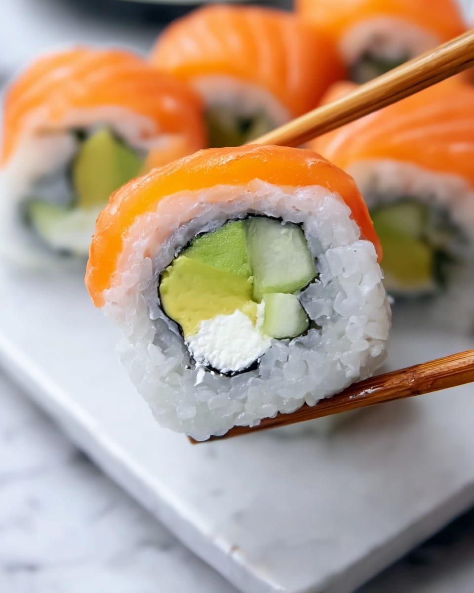 The sushi roll has four visible layers: the bottom inner layer is white rice surrounding a thin dark seaweed layer, inside which there are three filling parts—a white cream layer at the base, a pale green cucumber piece on one side, and a brighter green avocado piece on the other. Outside the rice layer is a thick top layer of orange salmon. The roll is being held gently by wooden chopsticks, with more sushi rolls blurred in the background. Everything is placed on a square white plate with a white marbled textured surface beneath. Photo taken with an iphone --ar 4:5 --v 7