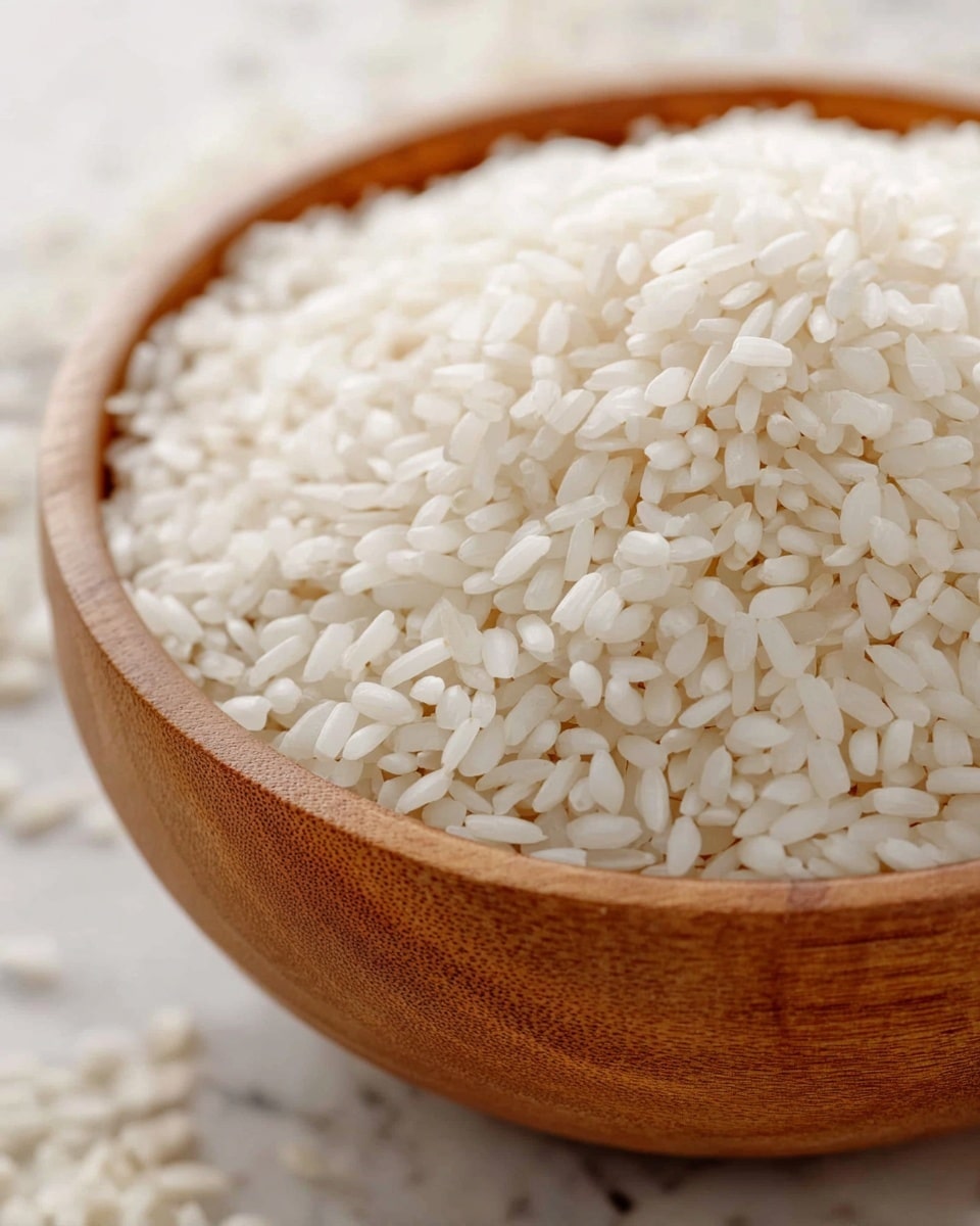 A close-up view of a bowl filled with uncooked white rice grains. The bowl is wooden with a smooth, polished texture showing natural brown wood grain. The rice grains appear short and plump, densely packed, and have a slightly shiny, smooth surface. The background is a white marbled texture, softly blurred to keep focus on the rice and bowl. photo taken with an iphone --ar 4:5 --v 7