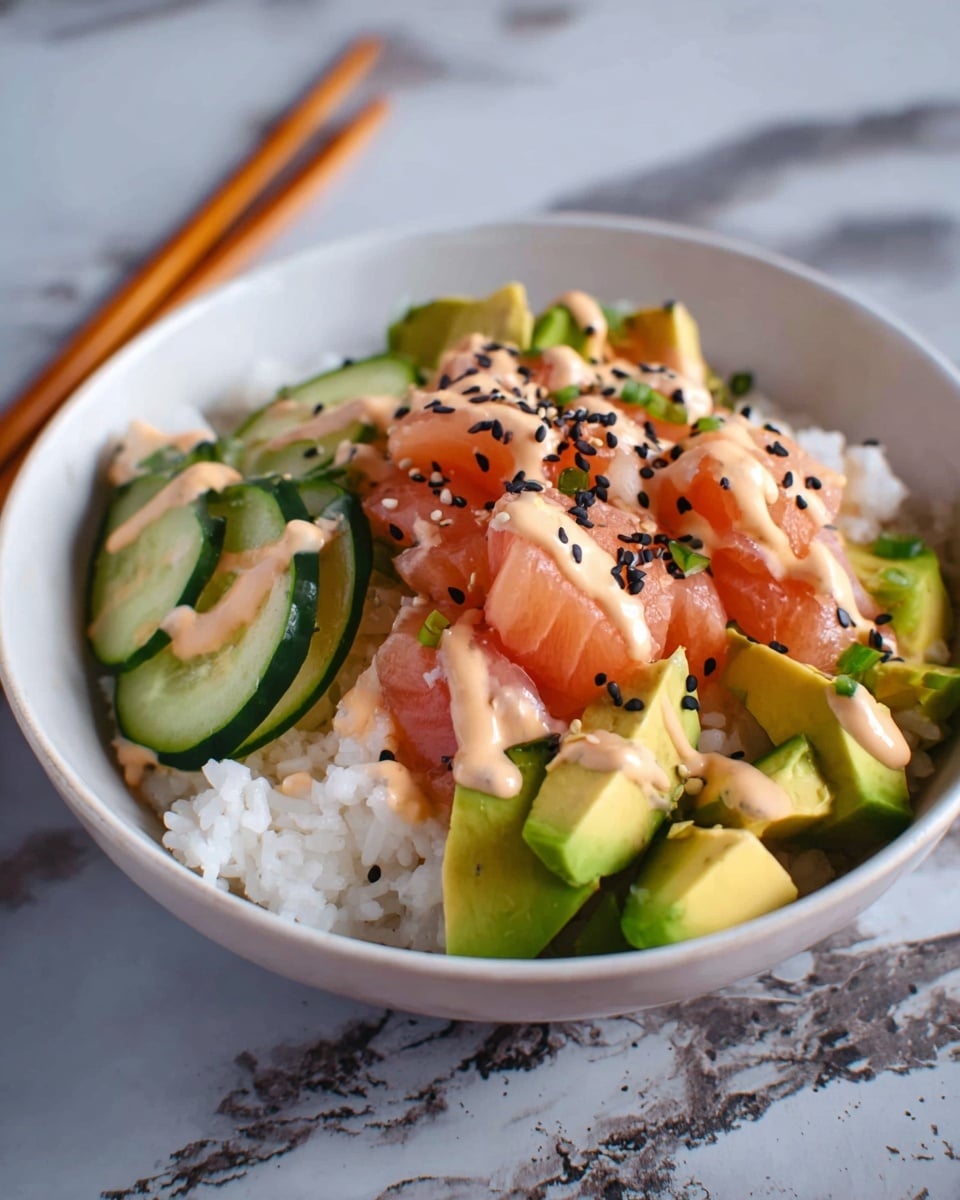 A white bowl filled with three main layers is shown: the bottom layer is white sticky rice with a soft texture; on top are fresh, evenly cut green avocado cubes and slices of green cucumber, arranged around thin pink slices of raw salmon; the top layer consists of light orange creamy sauce drizzled over the salmon and avocado, sprinkled with small black and white sesame seeds. The bowl is placed on a white marbled surface, and a pair of wooden chopsticks rests in the background. Photo taken with an iphone --ar 4:5 --v 7