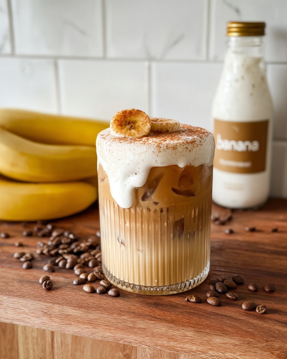 A glass with vertical ribbed lines holds a layered iced coffee drink sitting on a wooden table with scattered coffee beans. The bottom two-thirds of the drink is light brown coffee with ice cubes visible inside, topped with a thick, creamy white foam layer that is overflowing and dripping down one side. The foam is dusted with light brown powder, and a small caramelized banana slice rests on top. In the background, there is a glass bottle with a gold cap labeled