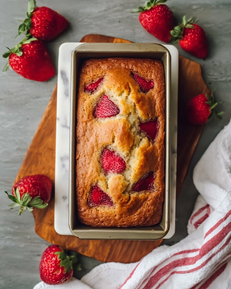 A golden-brown loaf cake with a slightly cracked textured top filled with several pieces of bright red strawberries baked into the surface. The cake is in a rectangular metal pan placed on a white marbled cutting board, surrounded by fresh red strawberries with green tops on a gray wooden table. A white cloth with red stripes is partially visible on the right side of the image. photo taken with an iphone --ar 4:5 --v 7