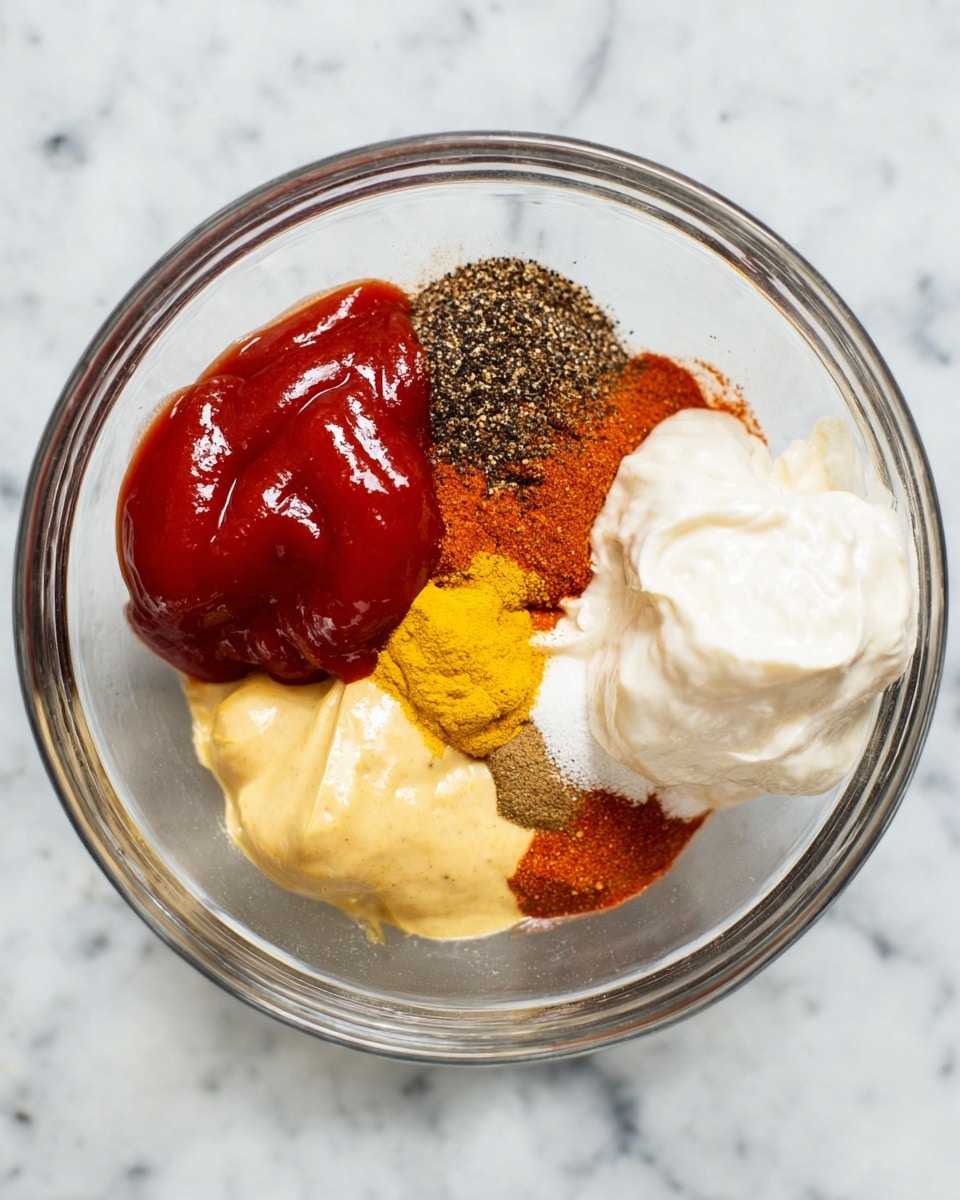 A clear glass bowl holds six separate dollops of ingredients arranged side by side: bright red ketchup with a smooth, shiny texture next to dark black pepper specks on light cream mayonnaise, deep orange paprika powder, bright yellow mustard with a glossy surface, and a white creamy ingredient with a soft, whipped texture. The bowl sits on a white marbled surface. photo taken with an iphone --ar 4:5 --v 7