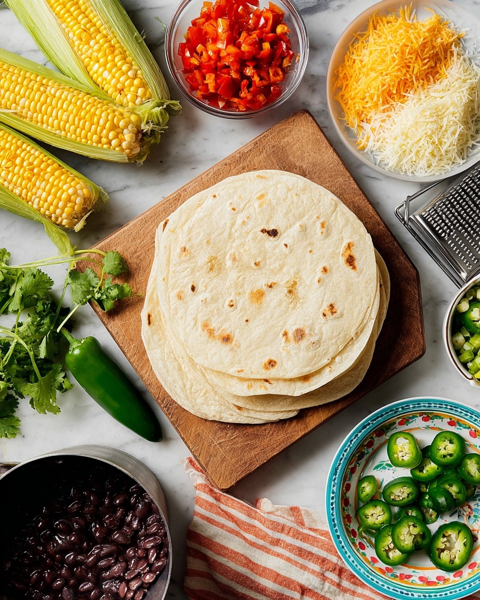 The image shows a flat stack of four soft, round tortillas placed on a wooden cutting board in the center. Next to the tortillas is a small bunch of green cilantro and a green jalapeno pepper lying nearby. To the top left, two bright yellow corn ears with green husks rest next to a small clear bowl filled with chopped red peppers. Above the tortillas on the right side is a white plate with two types of grated cheese, one orange and one white, with a metal box grater and a block of white cheese. Below the plate is a silver pot full of dark black beans and next to it a small clear bowl of chopped green onions. A colorful round plate with slices and whole jalapenos sits near the bottom right on a white marbled surface, along with a striped orange and white cloth. The textures and colors are vibrant and fresh, with a natural, simple layout photo taken with an iphone --ar 4:5 --v 7