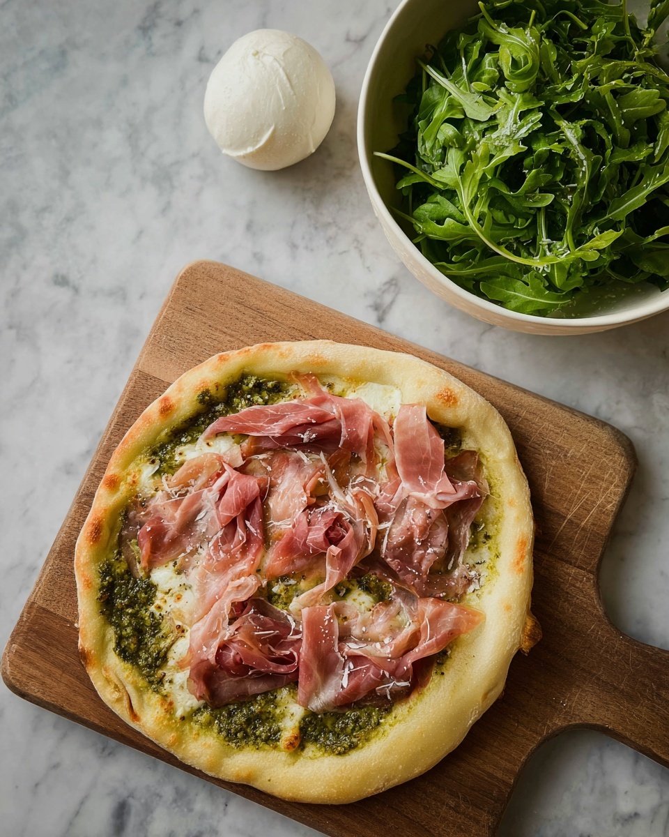 A small, round pizza rests on a wooden board placed on a white marbled surface. The pizza has a thick, light golden crust with a thin layer of green pesto spread over the top. Over the pesto, there are thin, slightly translucent slices of pink prosciutto scattered evenly across the pizza. To the side, there is a white bowl filled with fresh, dark green arugula leaves and a smooth, white ball of mozzarella cheese, both adding a fresh contrast to the warm colors of the pizza. photo taken with an iphone --ar 4:5 --v 7