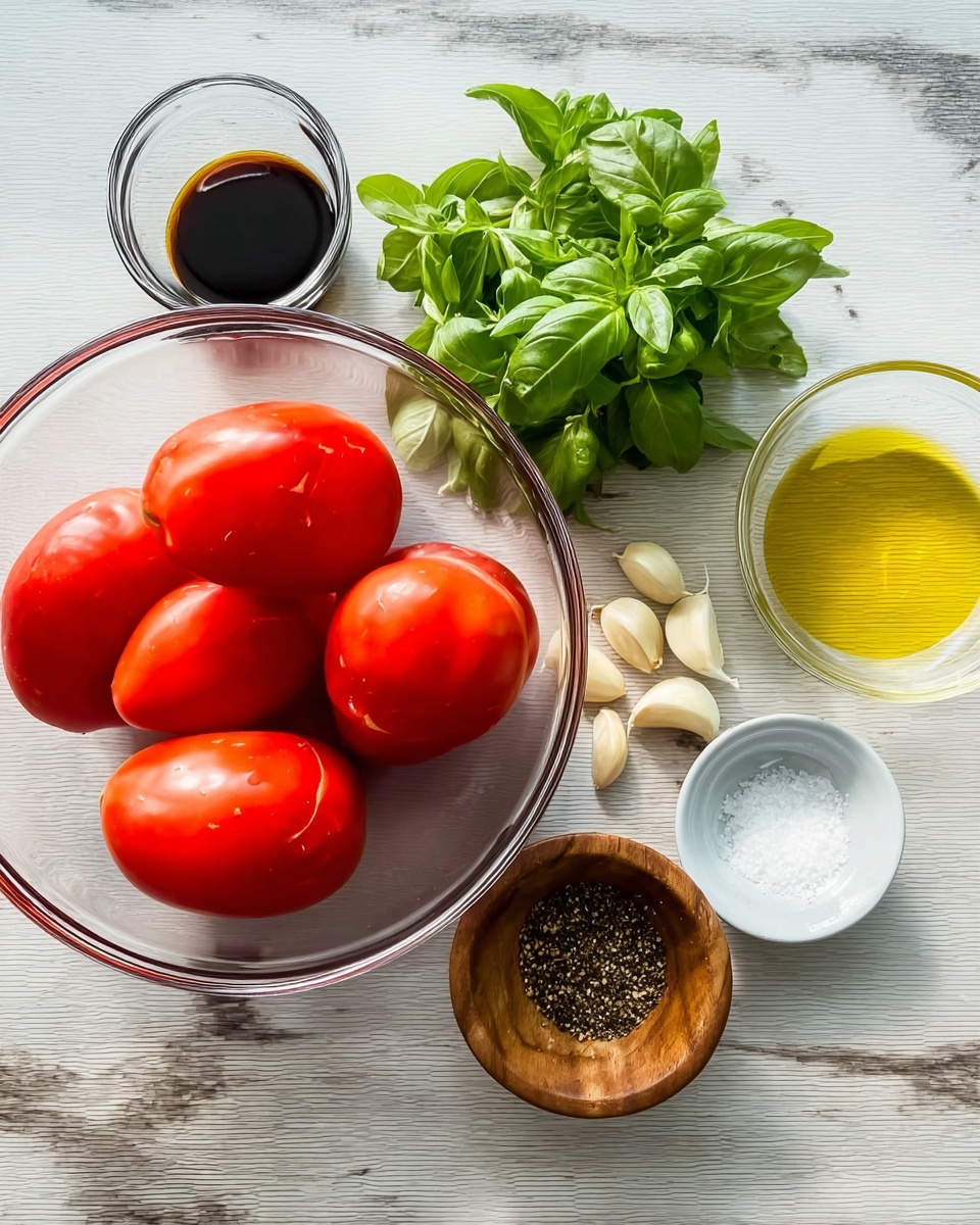 The image shows a clear glass bowl filled with seven bright red Roma tomatoes on a white marbled surface. Next to the bowl, there is a small bunch of fresh green basil leaves. To the right side of the basil, there are four garlic cloves placed in a loose pile. Further right, three small bowls sit close to each other: one clear glass bowl with dark balsamic vinegar, another clear glass bowl with golden olive oil, a white bowl with crushed black pepper, and a small wooden bowl with white salt. The colors are vibrant and the ingredients are neatly arranged. Photo taken with an iphone --ar 4:5 --v 7