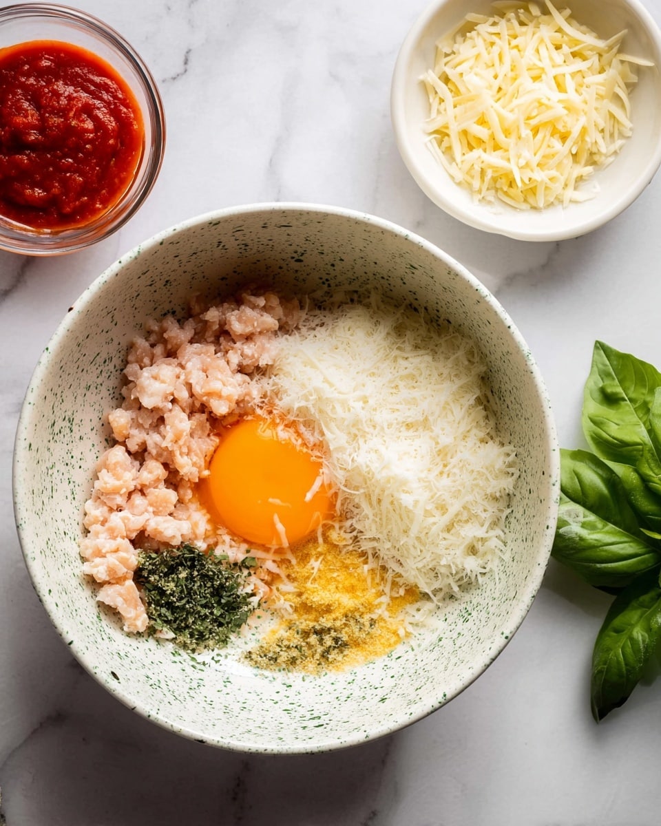 Inside a white bowl with green speckles, there are five layers of ingredients: the bottom layer is pale pink ground chicken, on the top right is a thick heap of white grated cheese, to the left of the cheese is a bright orange egg yolk with some egg white, and on the bottom right of the yolk are three different herbs and spices in shades of green and yellow. To the left of this bowl, on a white marbled surface, there is a small round glass bowl filled with red tomato sauce above a small white bowl of shredded pale yellow cheese. On the right side of the image, some fresh bright green basil leaves rest on the white marbled texture. Photo taken with an iphone --ar 4:5 --v 7