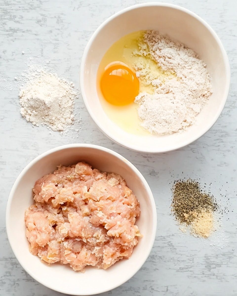 The image shows two white bowls on a white marbled surface. The bowl on the left contains raw minced chicken in a pale pink shade, surrounded by separate piles of white flour, a cracked raw egg with an orange yolk, and small heaps of black and beige spices scattered around the chicken meat. The bowl on the right holds a mixture of the same ingredients beaten together, forming a light pink, somewhat chunky and sticky paste that fills the bowl, blending the egg, flour, and spices evenly into the meat. Photo taken with an iphone --ar 4:5 --v 7