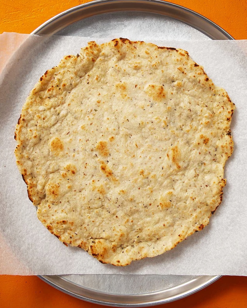 A single round flatbread with an uneven, slightly rough surface sits centered on white parchment paper atop a round metal tray. The flatbread is pale beige with light golden brown spots around the edges, showing a textured look with tiny darker specks scattered throughout. The tray is set against a vibrant orange background, but the surface underneath the tray is not visible. The flatbread appears soft and lightly baked, with an irregular edge shape. photo taken with an iphone --ar 4:5 --v 7
