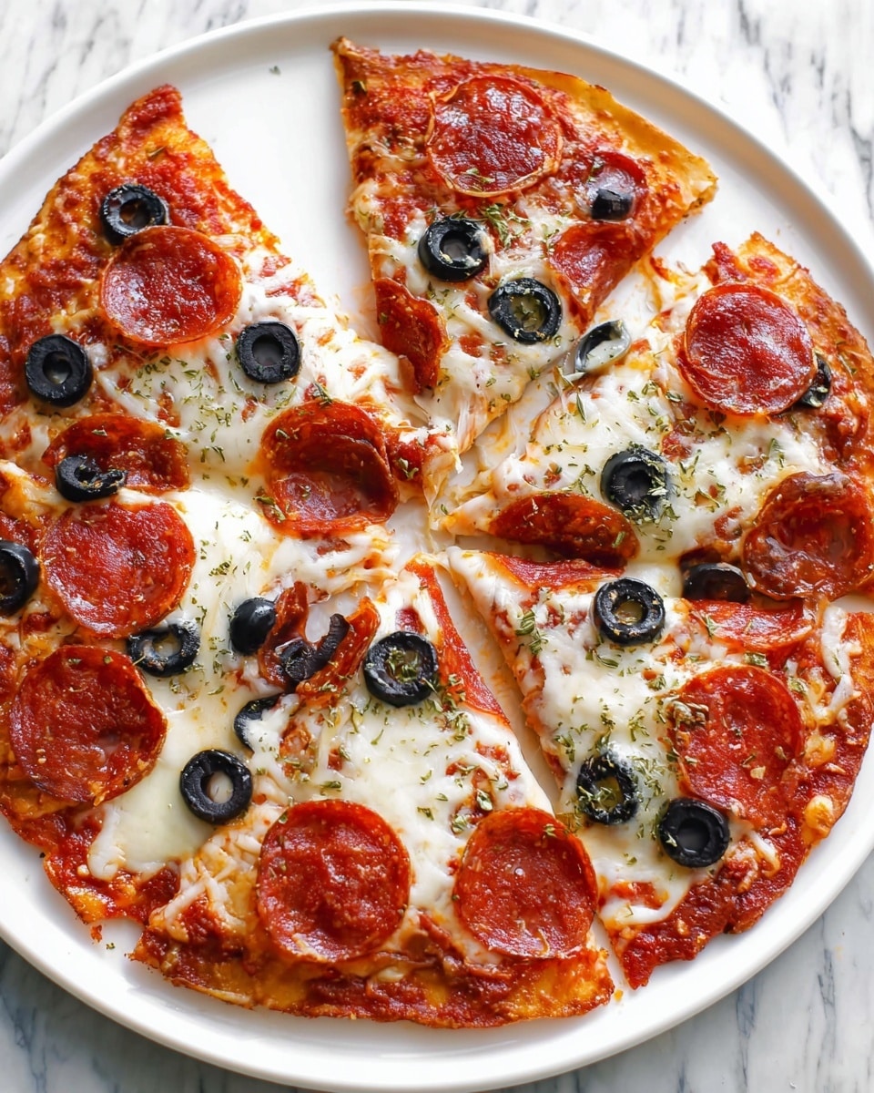 A white plate holds a pizza with six slices. The pizza has a thin, golden brown crust with slightly crisp edges. On top, there is a layer of bright red tomato sauce showing around the edges, followed by a thick layer of melted white cheese that looks soft and stretchy. Spread evenly over the cheese are numerous round slices of reddish pepperoni and black olive rings. Some dried green herbs are sprinkled lightly over the whole pizza. The pizza is on a white marbled surface. photo taken with an iphone --ar 4:5 --v 7