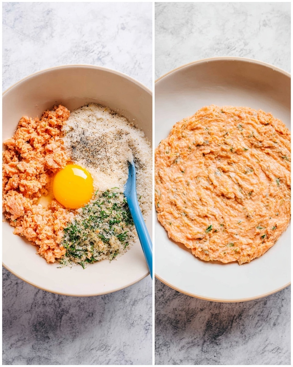 The image shows two side-by-side views of a food preparation in a white bowl and on a white marbled surface. On the left side, the white bowl holds a mix of orange ground meat, an uncooked egg yolk with a bright yellow color placed near the center, a light grayish-green herb mixture on the right edge, and pale white textured ingredients with a sprinkle of black pepper on top. A blue spoon is partially inserted on the right side inside the bowl. On the right side, the ingredients are fully mixed and spread out evenly into a thin, round layer about the size of a small plate, with a soft orange color that has small flecks of green herbs inside. Both images use a white marbled tabletop as a background. Photo taken with an iphone --ar 4:5 --v 7
